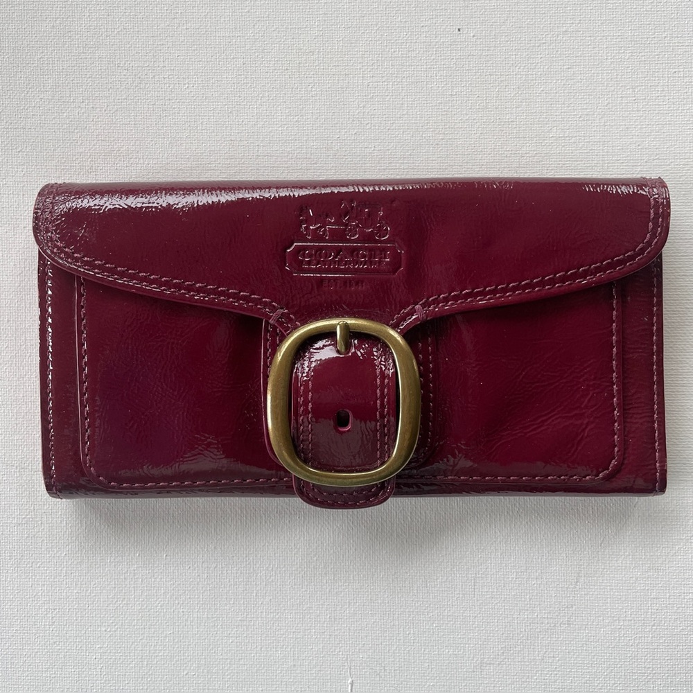 Coach Bleeker Burgundy Patent Leather Buckle Large Wallet